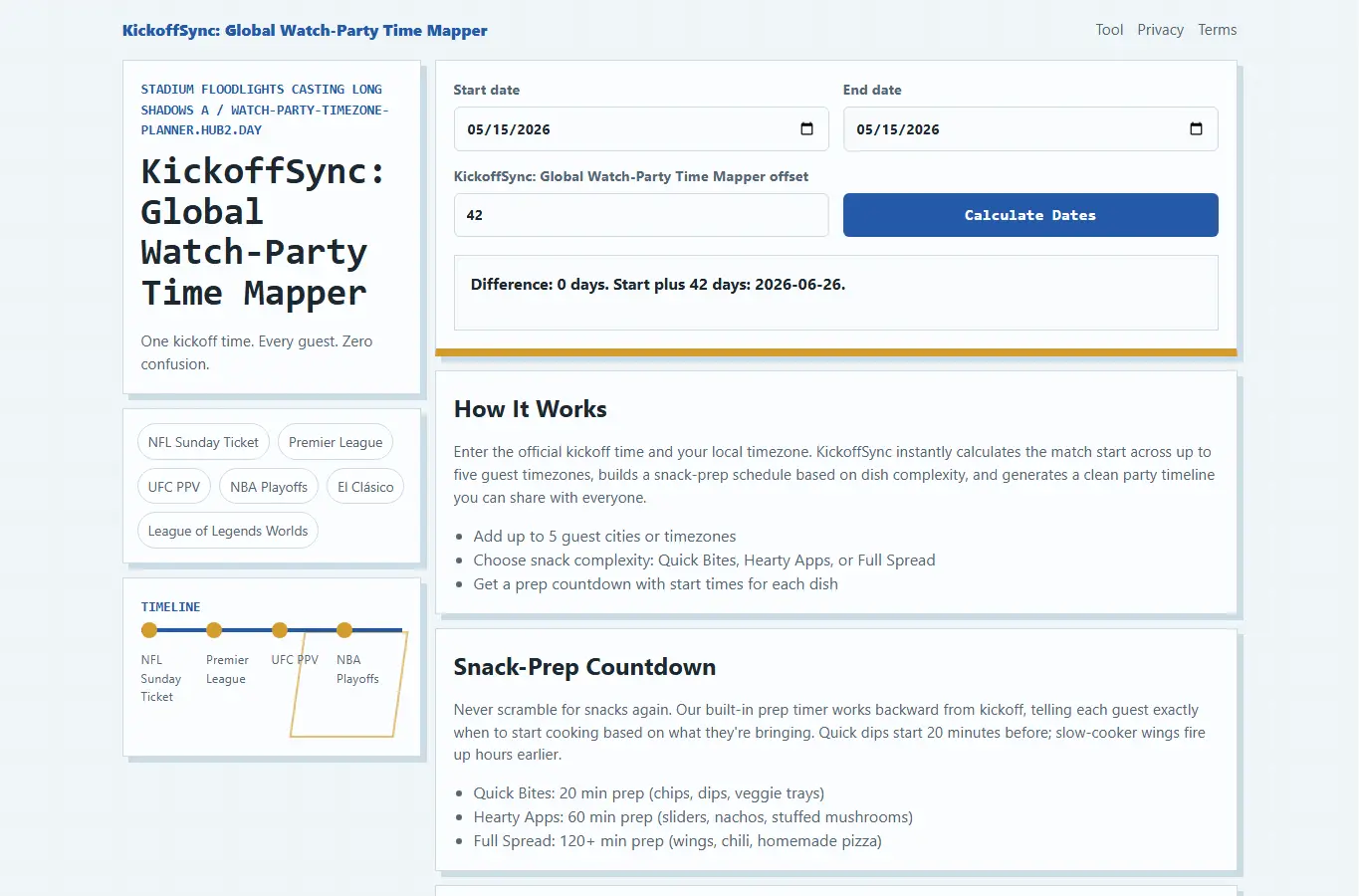 Screenshot of KickoffSync: Global Watch-Party Time Mapper interface showing the project page in use